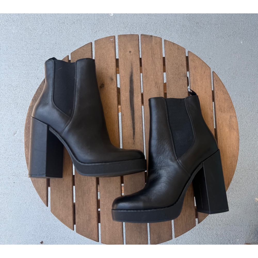 Steve Madden Black Leather Platform Block Heel Chelsea Boots Square Toe 7.5